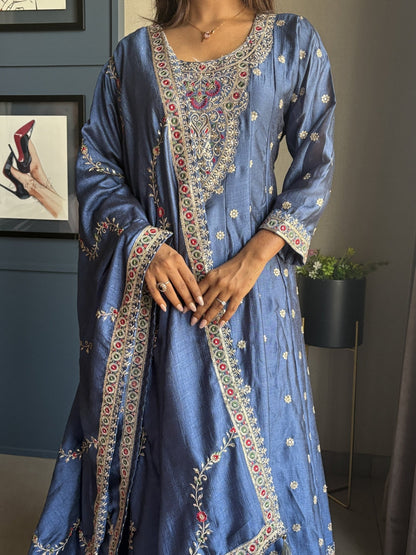 Navy Blue Silk Anarkali Suit Set - Anusheet Fashion
