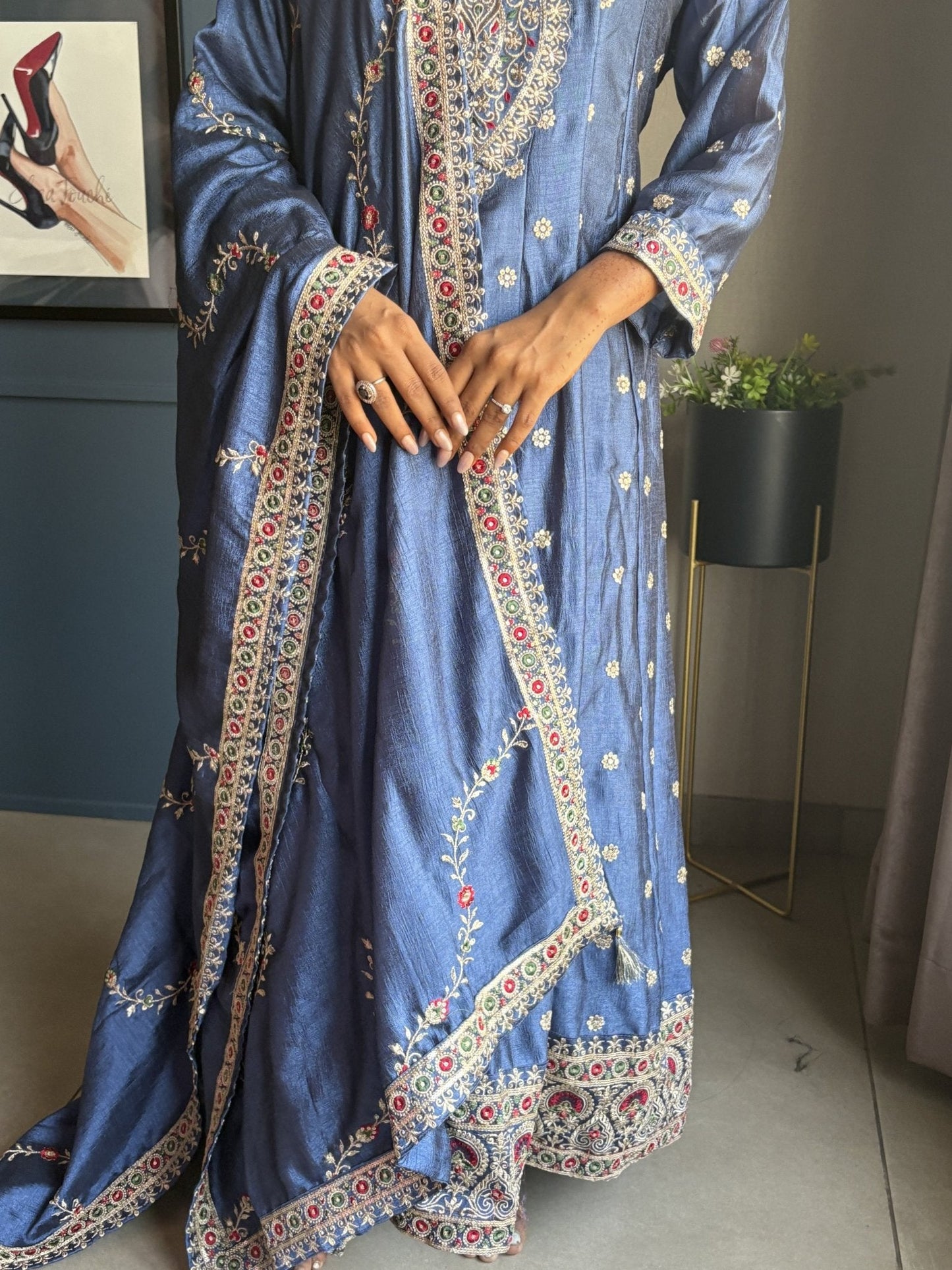 Navy Blue Silk Anarkali Suit Set - Anusheet Fashion