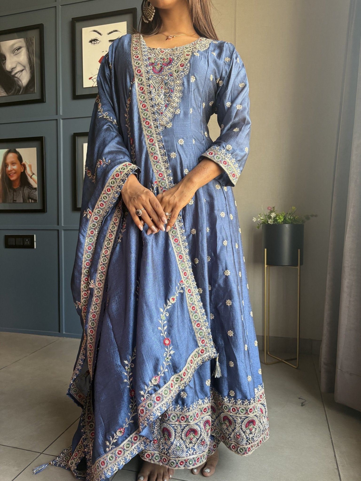 Navy Blue Silk Anarkali Suit Set - Anusheet Fashion