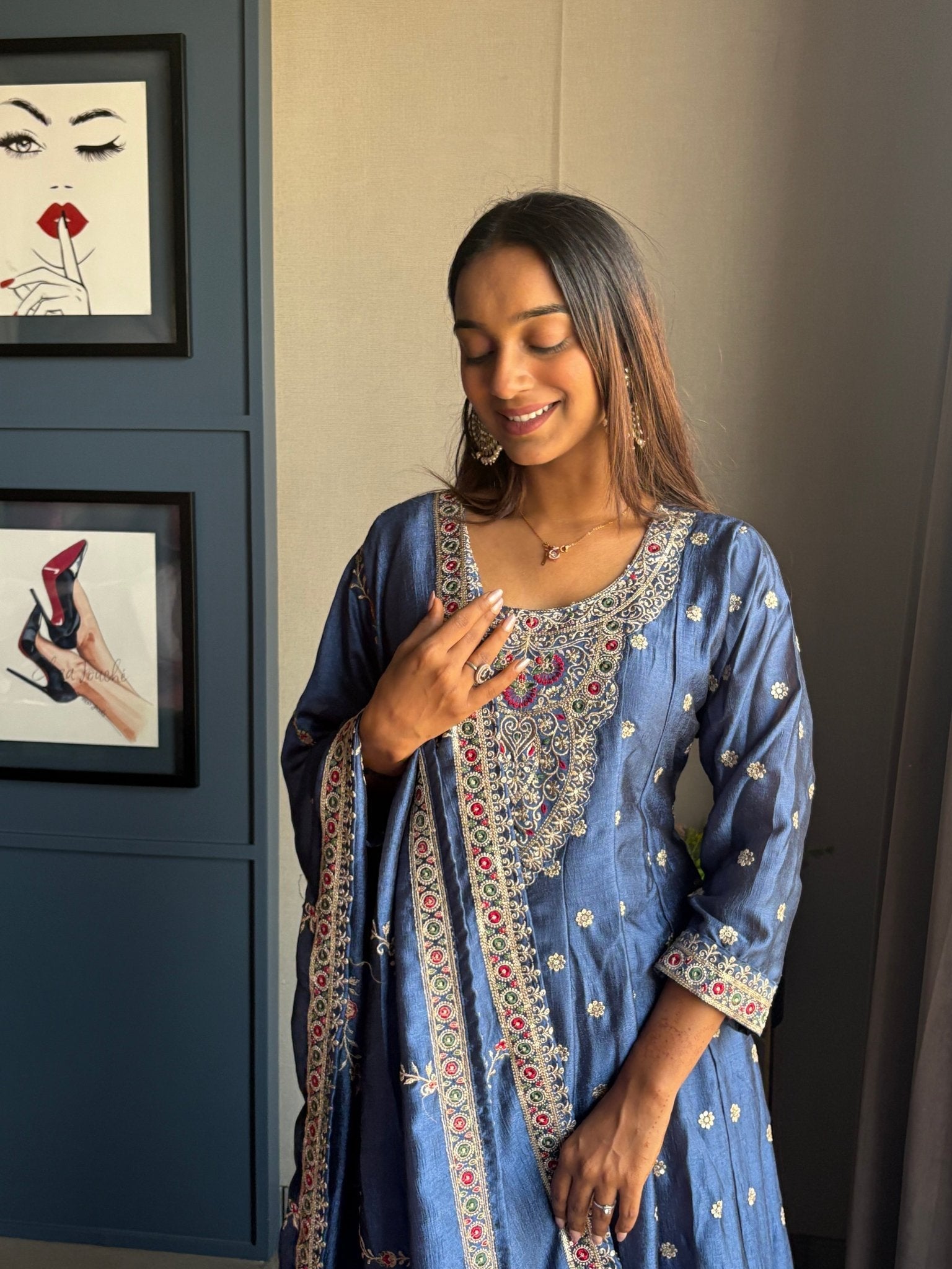 Navy Blue Silk Anarkali Suit Set - Anusheet Fashion