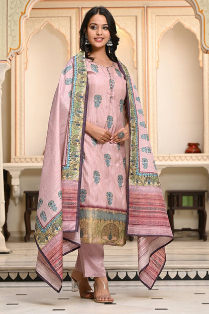 Pastel Floral Block Print On Pure Suit Set - Anusheet Fashion