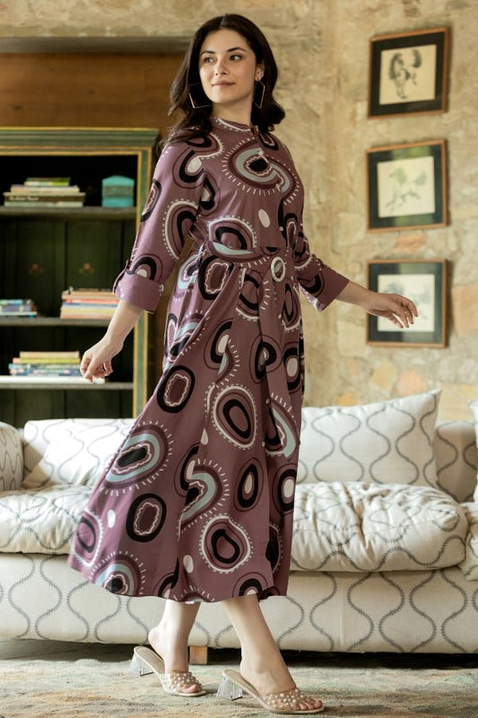 Pink Abstract Printed Pure Rayon Midi Dress with Stand Collar - Anusheet Fashion