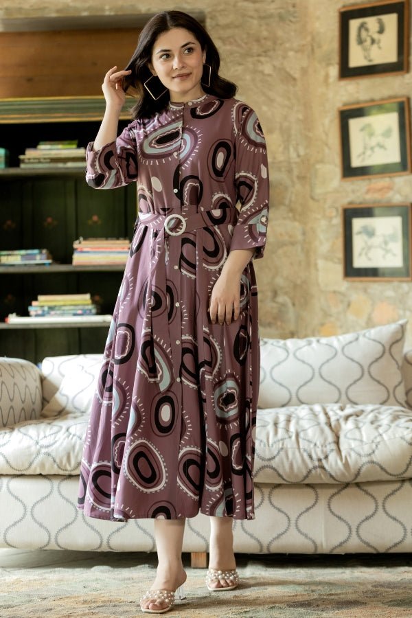 rayon midi dress Pink Abstract Printed Rayon Midi Dress with Stand Collar