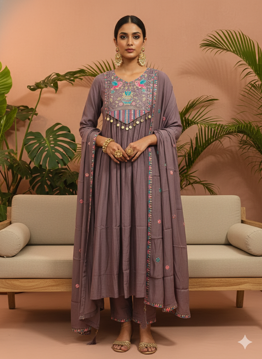 Kajuu Lavender Embroidered Anarkali Set with Dupatta