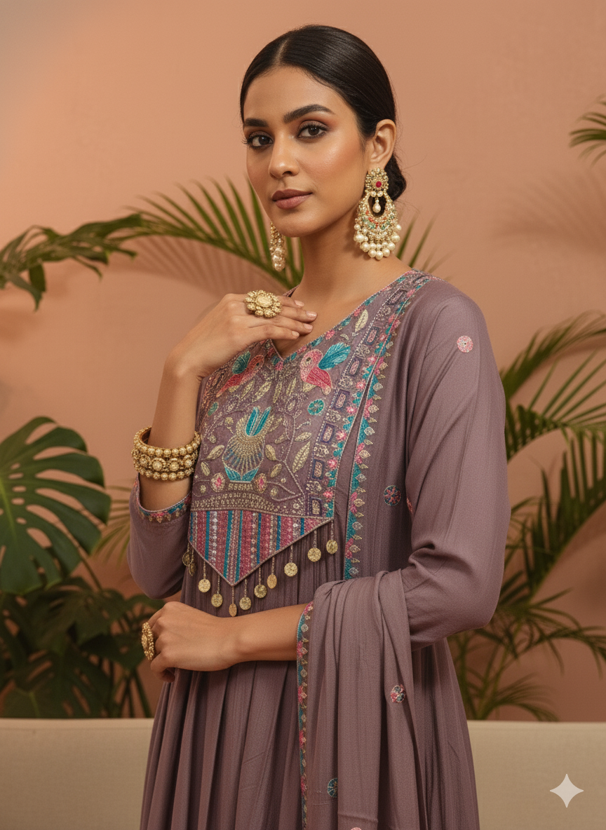 Kajuu Lavender Embroidered Anarkali Set with Dupatta