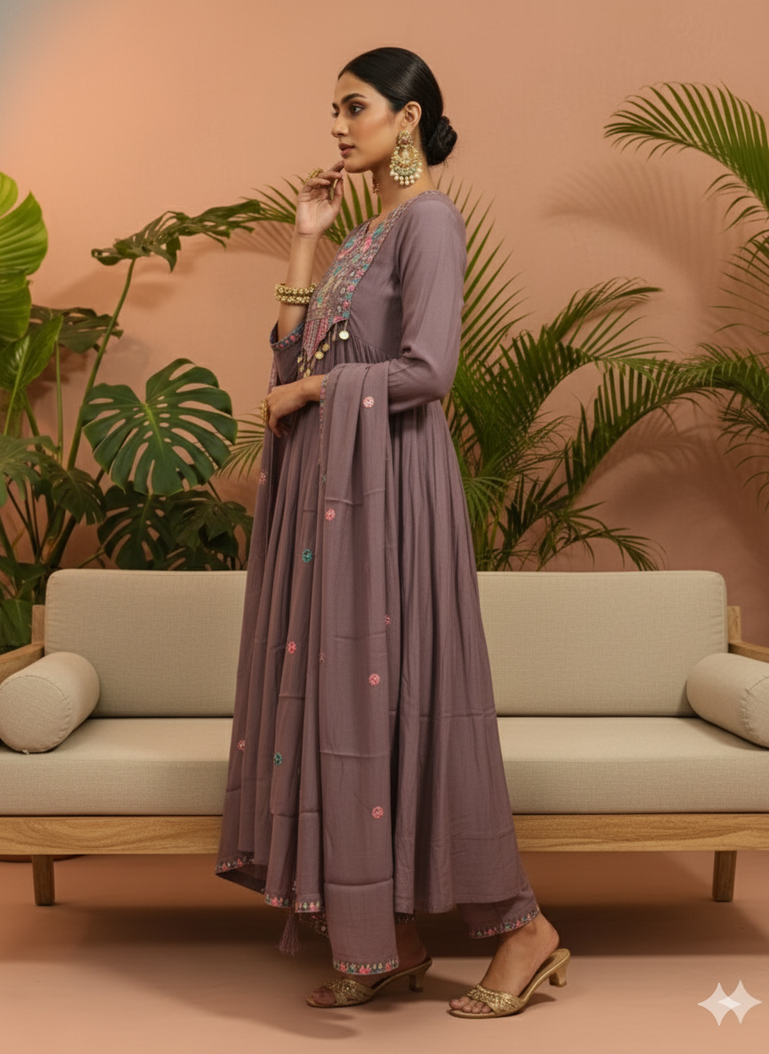 Kajuu Lavender Embroidered Anarkali Set with Dupatta