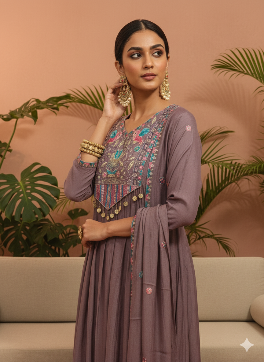 Kajuu Lavender Embroidered Anarkali Set with Dupatta