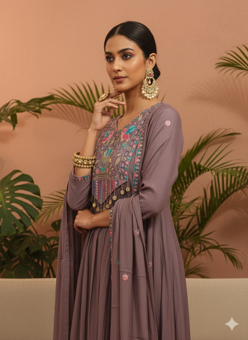 Kajuu Lavender Embroidered Anarkali Set with Dupatta