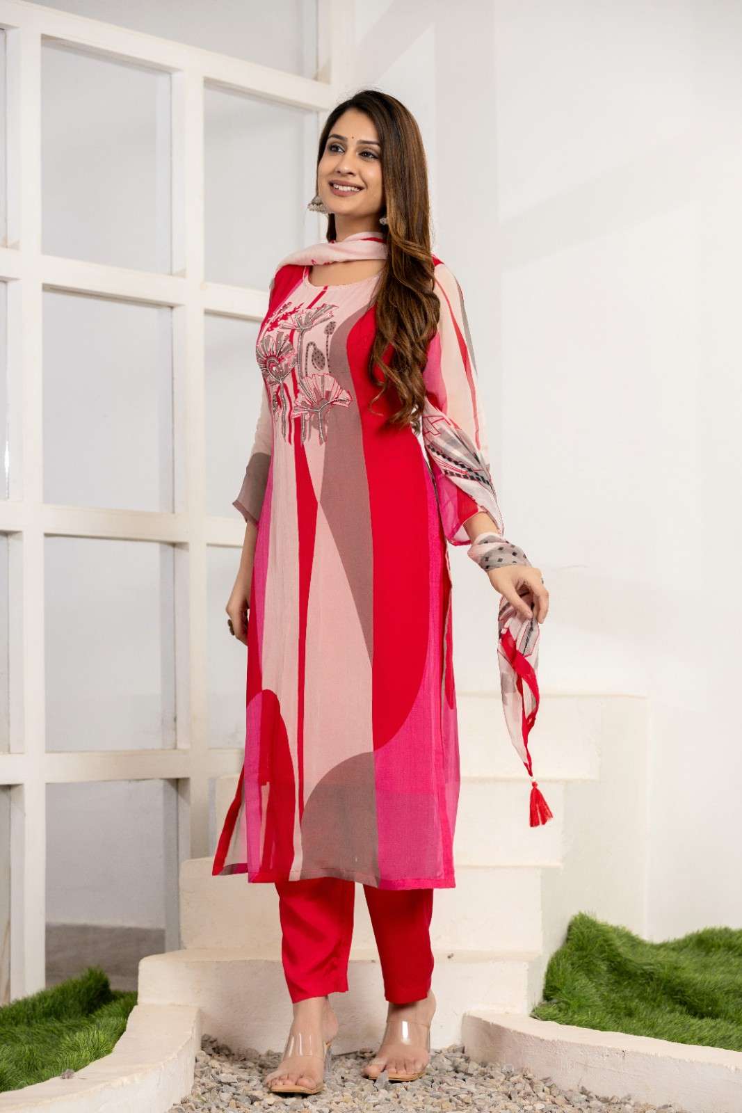 Pretty Red Peach Printed Suit Set - Anusheet Fashion