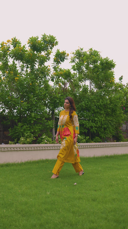 Mustard Yellow Floral Embroidered Kurta Set with Straight Pants | Festive & Casual Wear