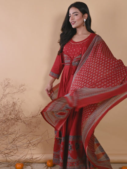 Women's Red Pure Cotton Printed Angrakha Salwar Suit Set