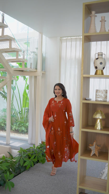 Crimson Bloom Embroidered A-Line Kurta Set with Dupatta