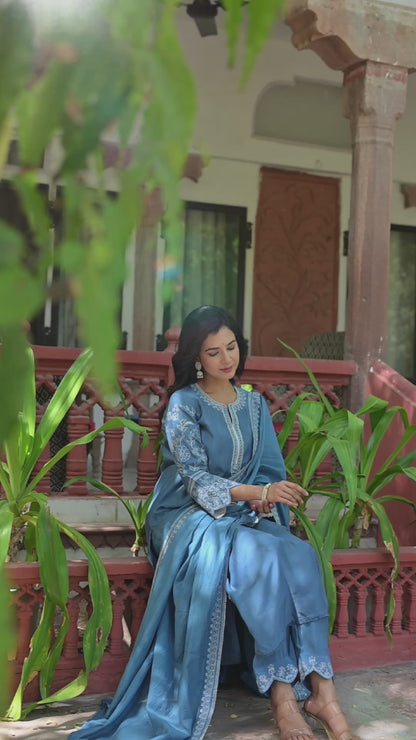 Blue Cotton Anarkali Kurta Set With Dupatta| Embroidered Sleeves, Neck |Anarkali style Wear