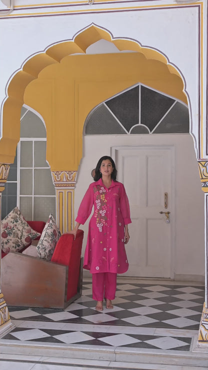 🌸 Elegant Pink Floral Embroidered Kurta Set – Grace in Every Thread