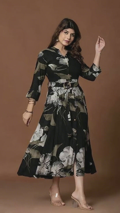 Midnight Bloom Black Floral Print Belted Dress