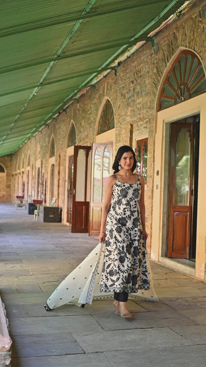 White & Black Floral Anarkali Kurta Set | Spaghetti Strap Ethnic Dress with Dupatta | Indo-Western Festive Wear