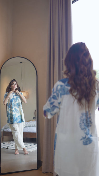 White & Blue Floral Printed Kurta Set with Straight Pants | Elegant Summer Wear