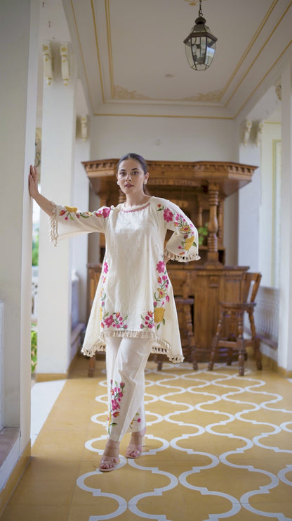 White Handcrafted Floral Embroidered Co-Ord Set |  Ivory Blossom🌸