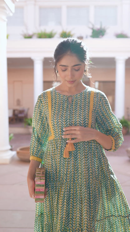 Beautiful Printed Green Cotton Midi Dress