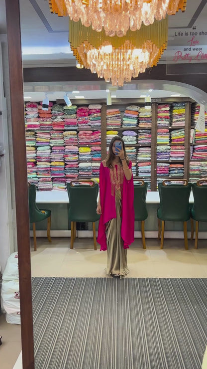 Black Cape Style Embellished Top with Golden Drape Skirt