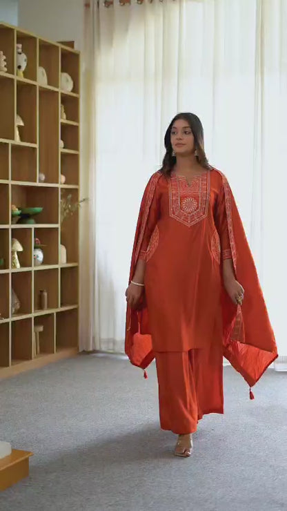 Amy Rust Orange Embroidered Kurta Set with Dupatta