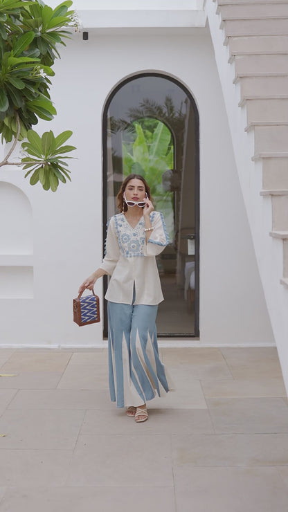 Blue Blossom Luxe Co-Ord Set – Handcrafted Embroidered Elegance