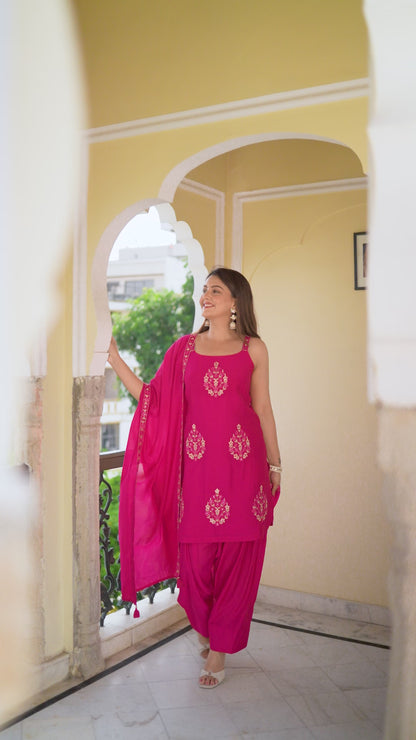 ✨ Women’s Hot Pink Cotton Embroidered Kurta with Patiala & Dupatta Set