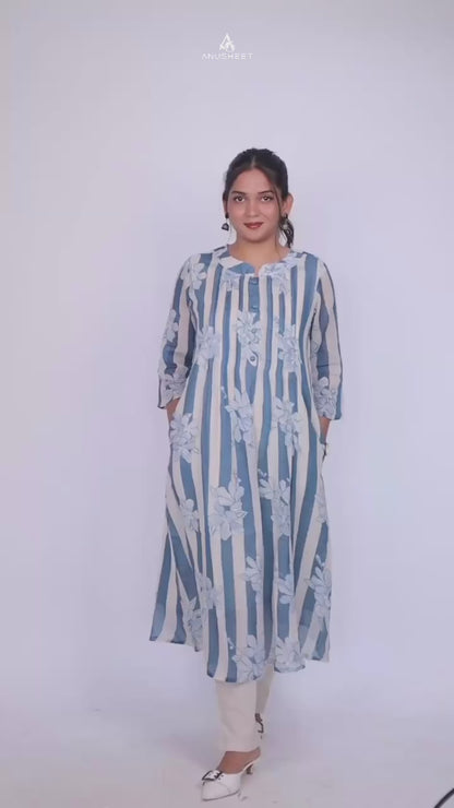 Varalaxmi Rust Striped and Floral Flared Kurti with Trouser Set