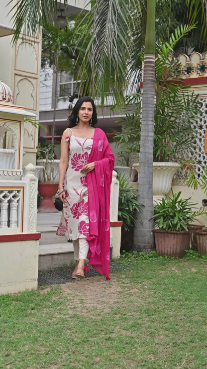 Manju Pink and White Hand Embroidered Kurta Set