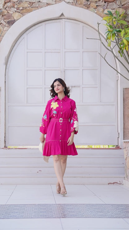 Women’s Pink Floral Cotton Western Midi Dress – Casual & Party Wear Outfit