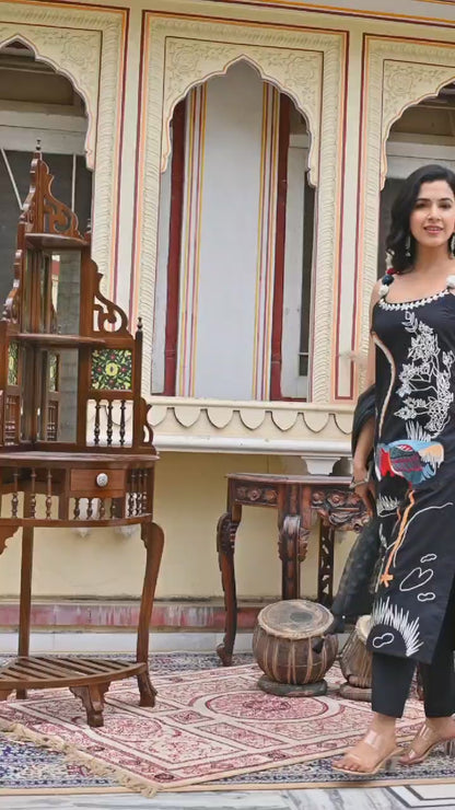 Nivetha Black Artistic Bird Motif Hand Embroidered Salwar Suit Set