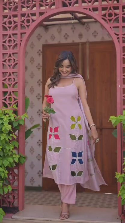 Dratrisha Pink Floral Appliqué Kurta Set with Sheer Dupatta