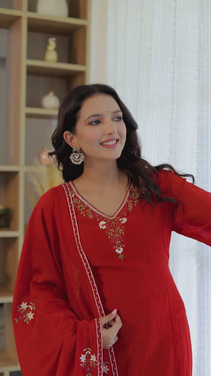 Red Kurta Set with Dupatta | Embroidered floral motifs, tassel detailing | Festive Ethnic Wear👗