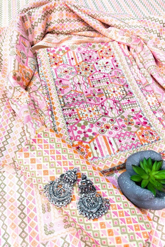 Pure Cotton Unstitched Suit Material Set with Handwork Detailing - Anusheet Fashion