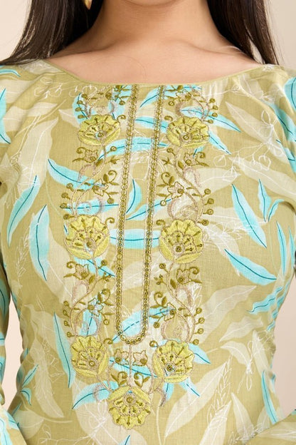 Pure Semi - Cambric Print Suit with Mal Cotton Dupatta in Green - Anusheet Fashion
