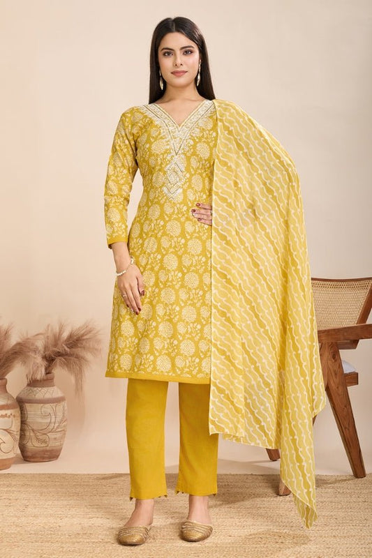 Pure Semi - Cambric Print Suit with Mal Cotton Dupatta in Yellow - Anusheet Fashion