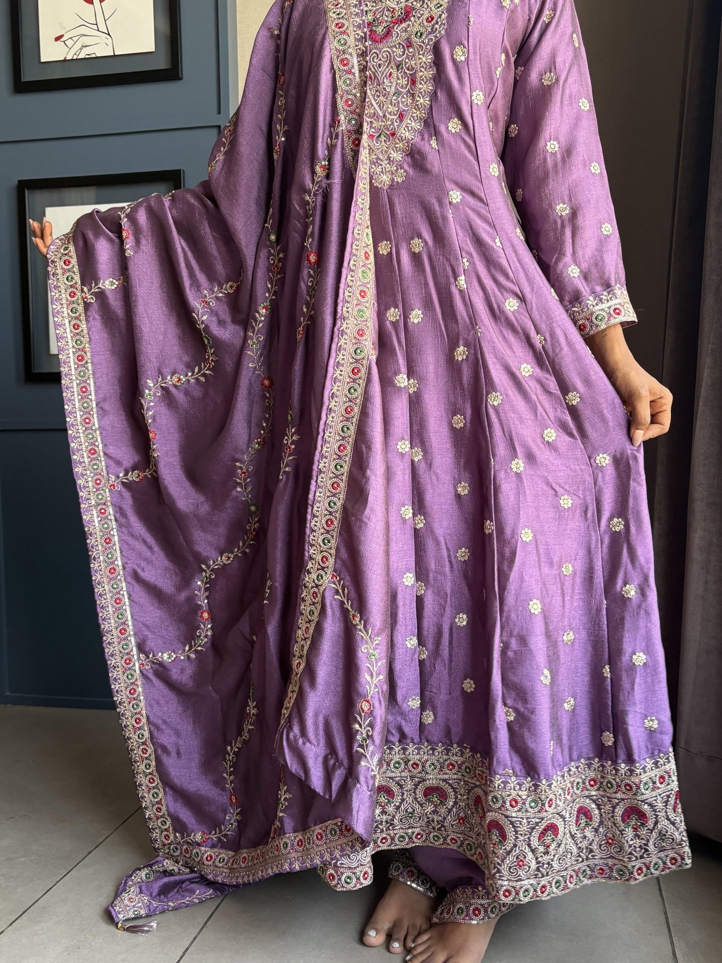 Purple Anarkali Suit Set With Exquisite Neckline Work - Anusheet Fashion