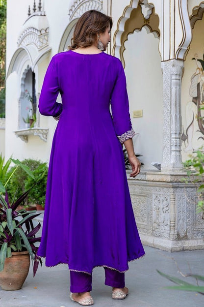 Purple Muslin Anarkali with Exquisite Neck Handwork - Anusheet Fashion