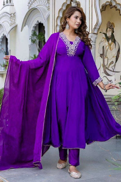 Purple Muslin Anarkali with Exquisite Neck Handwork - Anusheet Fashion