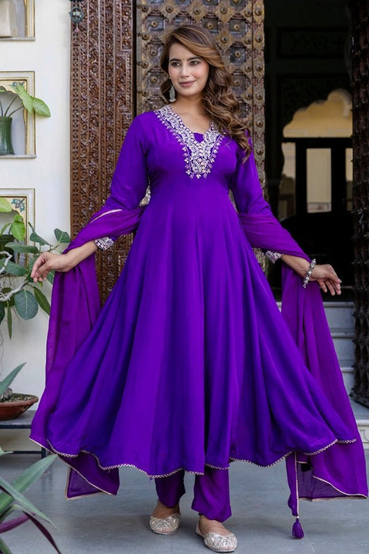 Purple Muslin Anarkali with Exquisite Neck Handwork - Anusheet Fashion