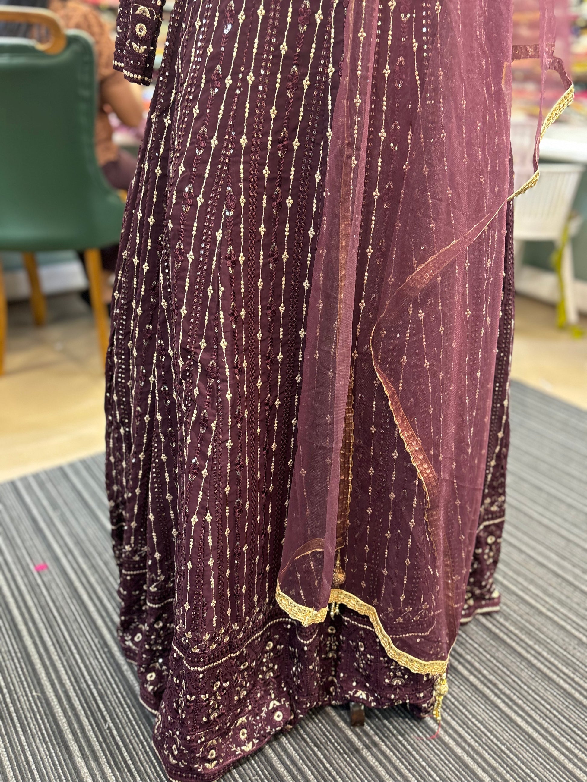 purple gown with lace dupatta for special events