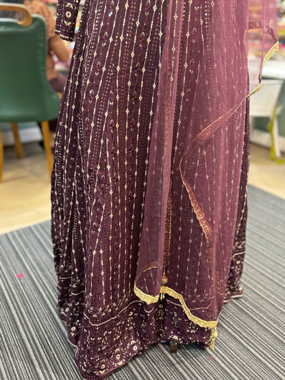 purple gown with lace dupatta for special events