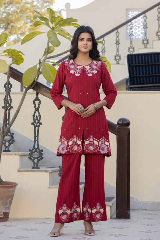 Red Pure Cotton Embroidered Co - Ord Set with Handcrafted Detailing - Anusheet Fashion