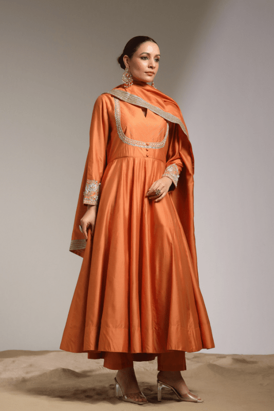 Rust Orange Anarkali with Hand - Embroidered Detailing - Anusheet Fashion