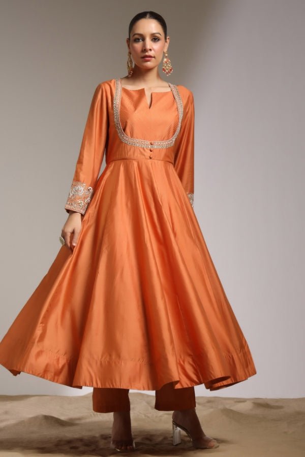 Rust Orange Anarkali with Hand - Embroidered Detailing - Anusheet Fashion
