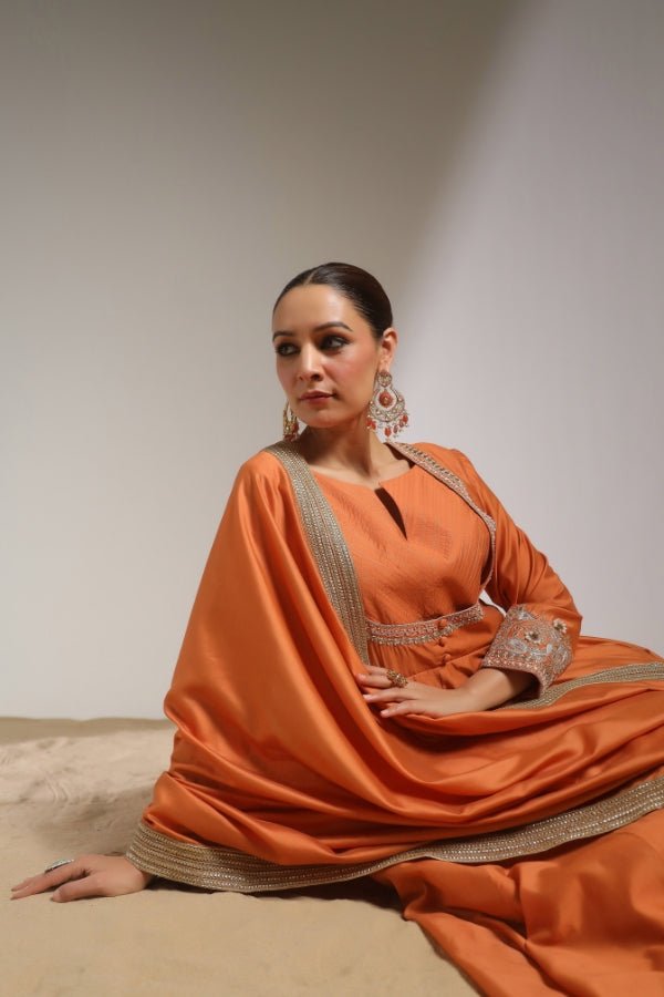 Rust Orange Anarkali with Hand - Embroidered Detailing - Anusheet Fashion
