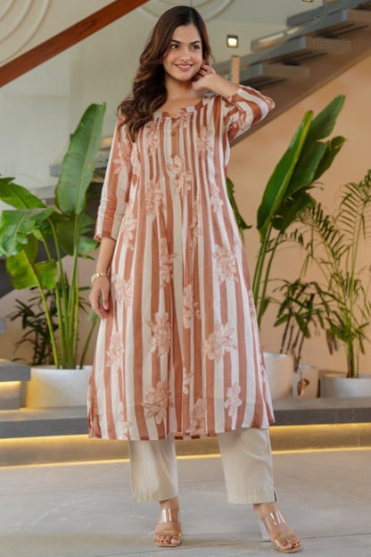Rust Striped & Floral Flared Kurti with Trouser Set 2 Piece Summer Outfit - Anusheet Fashion