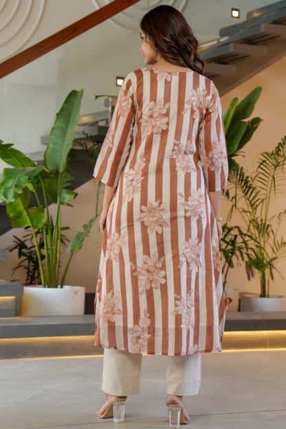 Rust Striped & Floral Flared Kurti with Trouser Set 2 Piece Summer Outfit - Anusheet Fashion