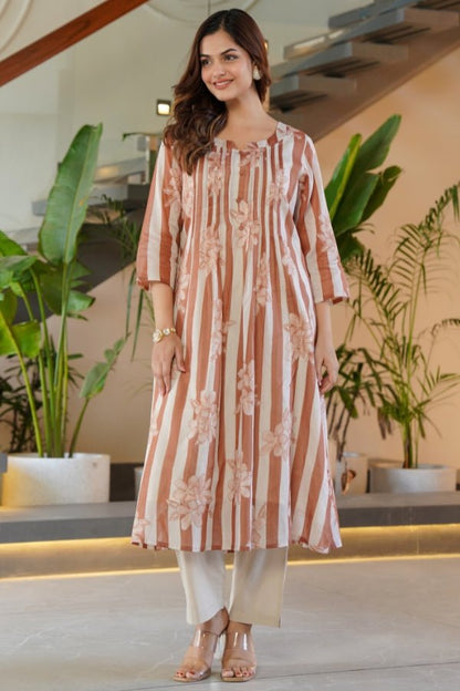 Rust Striped & Floral Flared Kurti with Trouser Set 2 Piece Summer Outfit - Anusheet Fashion