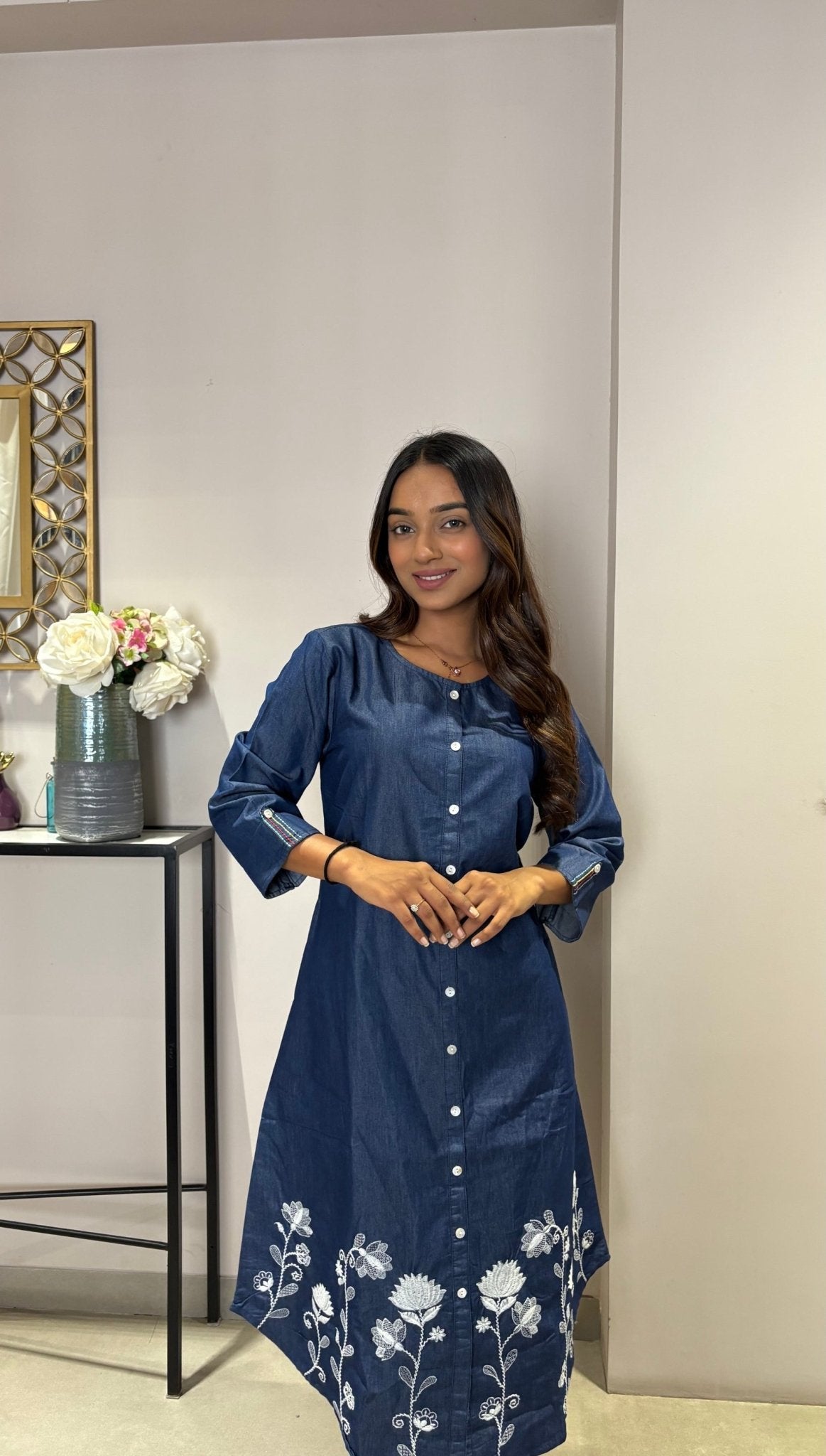 Stunning Long Shirt Denim Midi Dress with Embroidery Work Stunning Long Shirt Denim Midi Dress with Embroidery Work